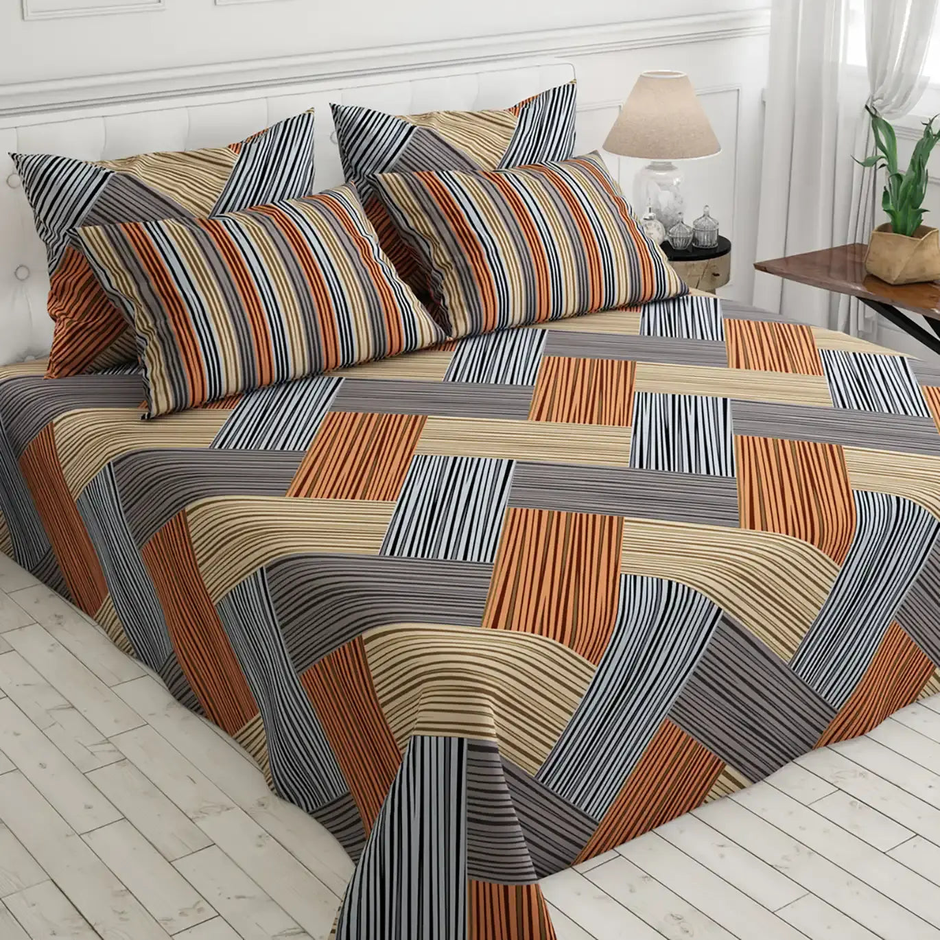 Brown Geometric Grid Bed Sheet Set with Striped Pillows in Sateen - 7400