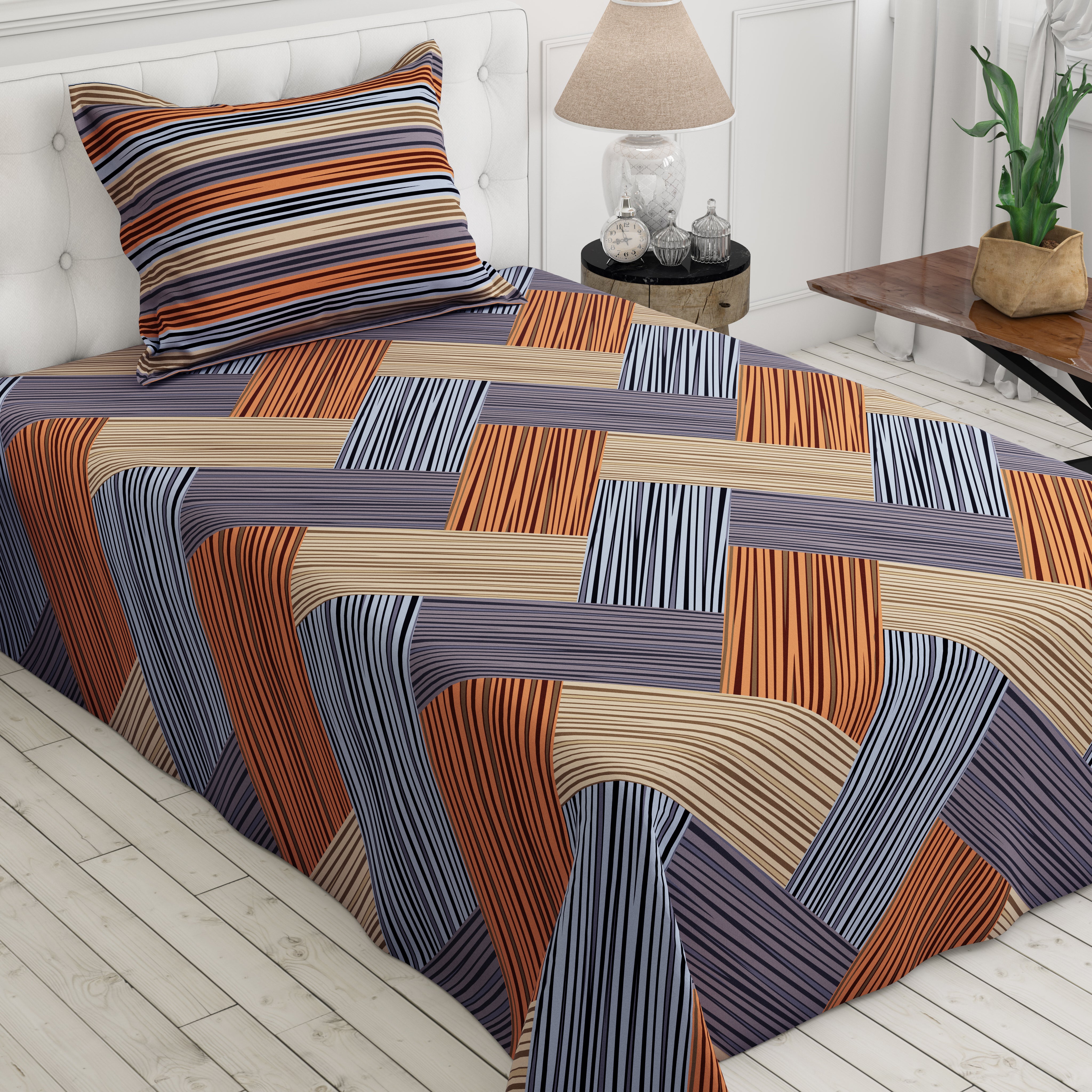 Brown Geometric Grid Bed Sheet Set with Striped Pillows in Sateen - 7400