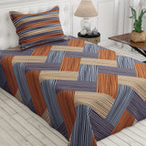 Brown Geometric Grid Bed Sheet Set with Striped Pillows in Sateen - 7400