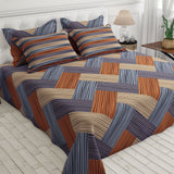 Brown Geometric Grid Bed Sheet Set with Striped Pillows in Sateen - 7400