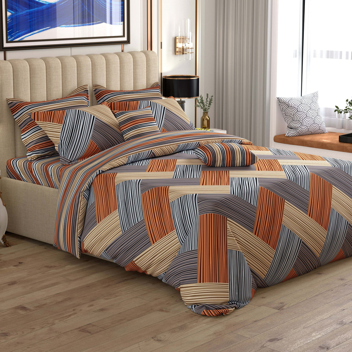 STRIPED KNIT Sateen 8 Pcs King Quilt Cover Bedsheet Set