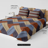 Brown Geometric Grid Bed Sheet Set with Striped Pillows in Sateen - 7400