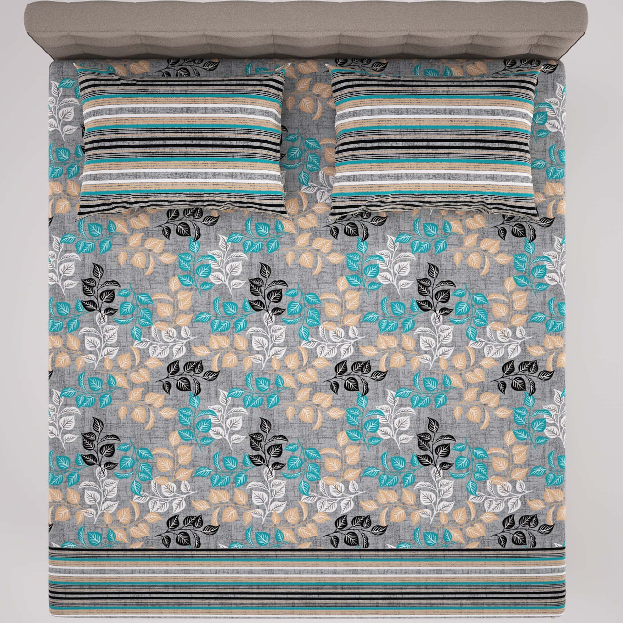 Xara Grey Leaf Design Bed Sheet Set - 7406-7407