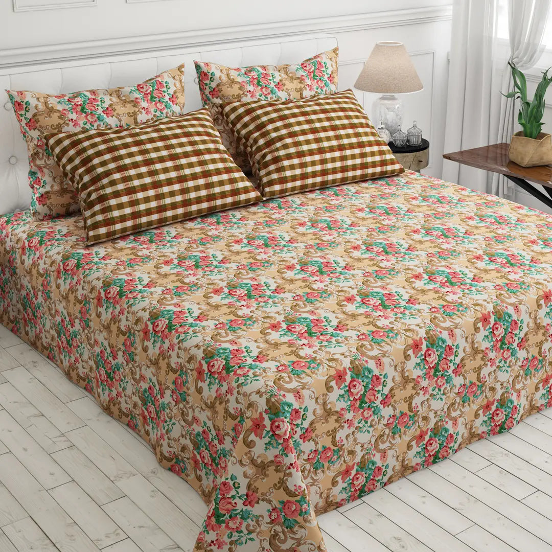 Xara Light Brown Flower Design Bed Sheet Set - 7426-7427