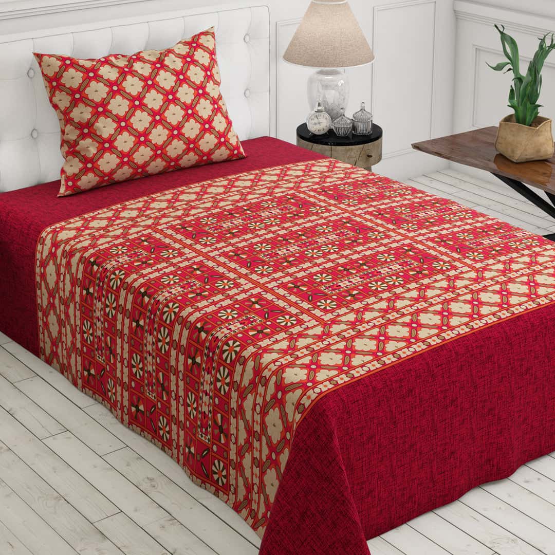 Xara Maroon Beige Geometric Floral Bed Sheet Set - 7465-7466