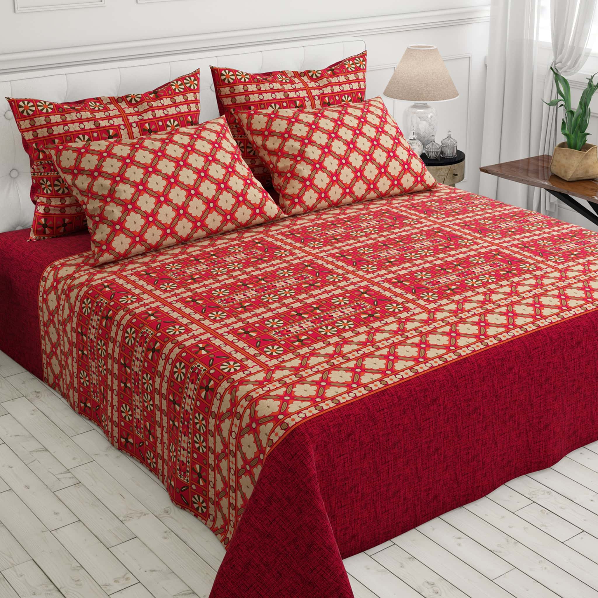 Xara Maroon Beige Geometric Floral Bed Sheet Set - 7465-7466