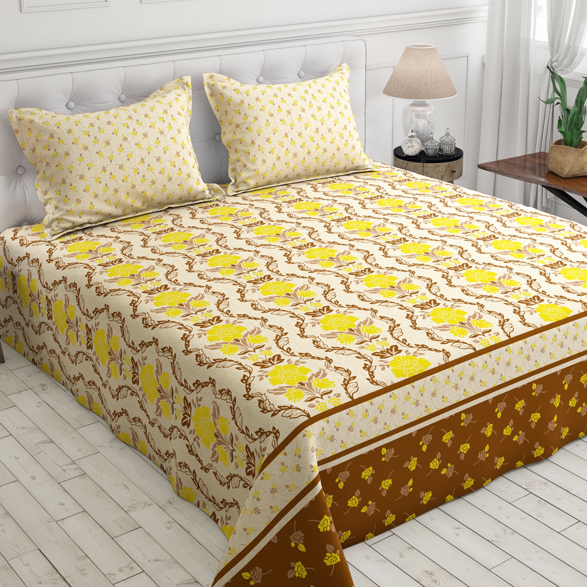 Xara White Geometric Floral Bed Sheet Set - 7575-7576