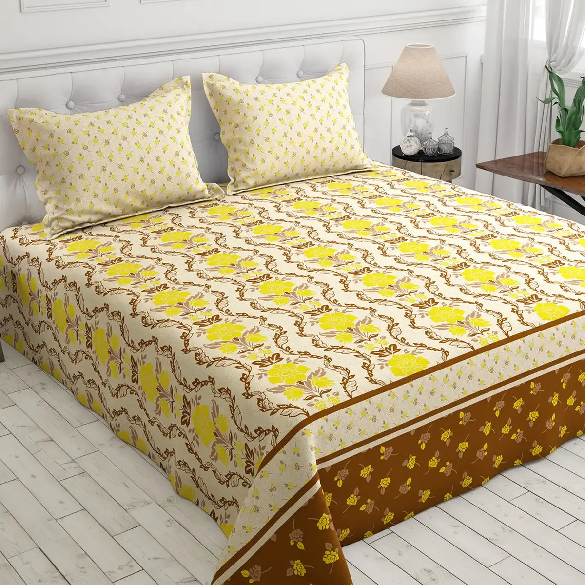 Xara White Geometric Floral Bed Sheet Set - 7575-7576