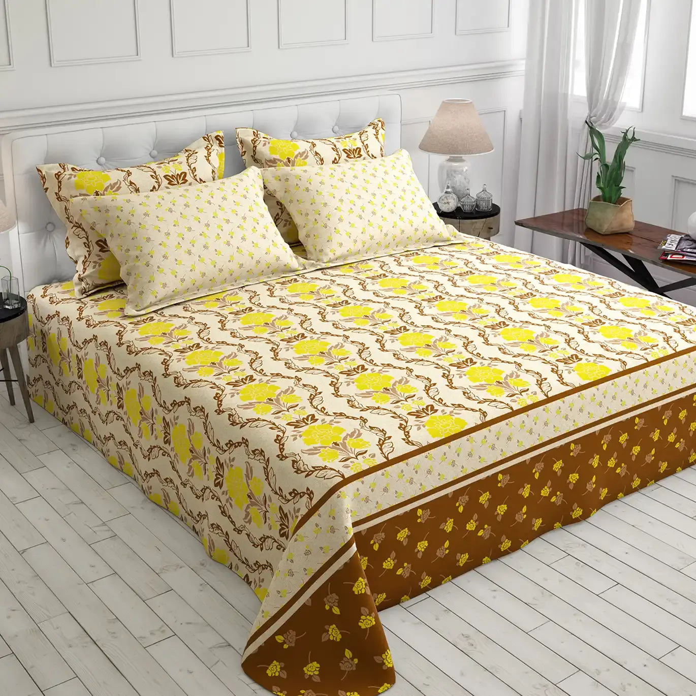 Xara White Geometric Floral Bed Sheet Set - 7575-7576