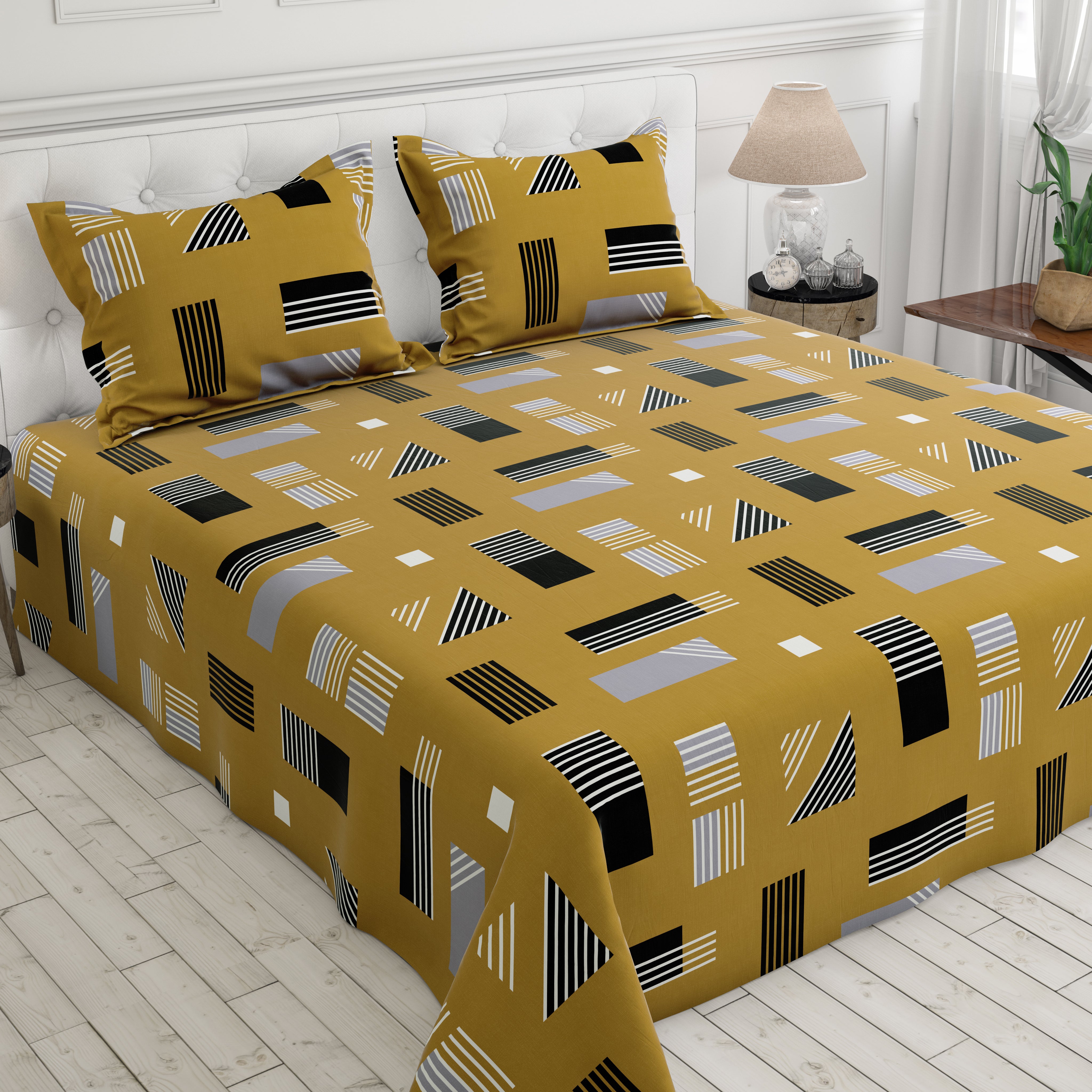 Mustard Geometric Sateen Bed Sheet Set - 7577-(M)