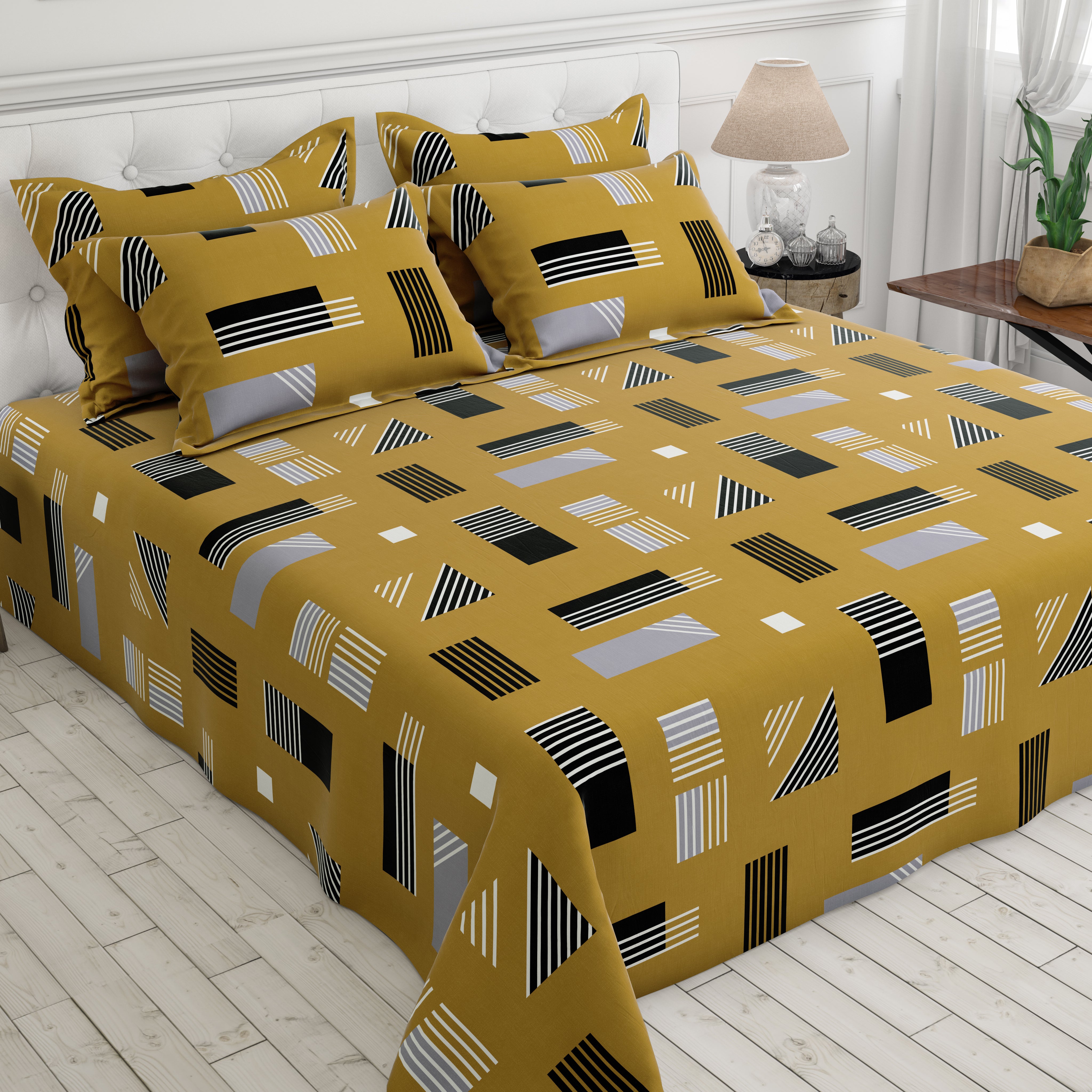 Mustard Geometric Sateen Bed Sheet Set - 7577-(M)