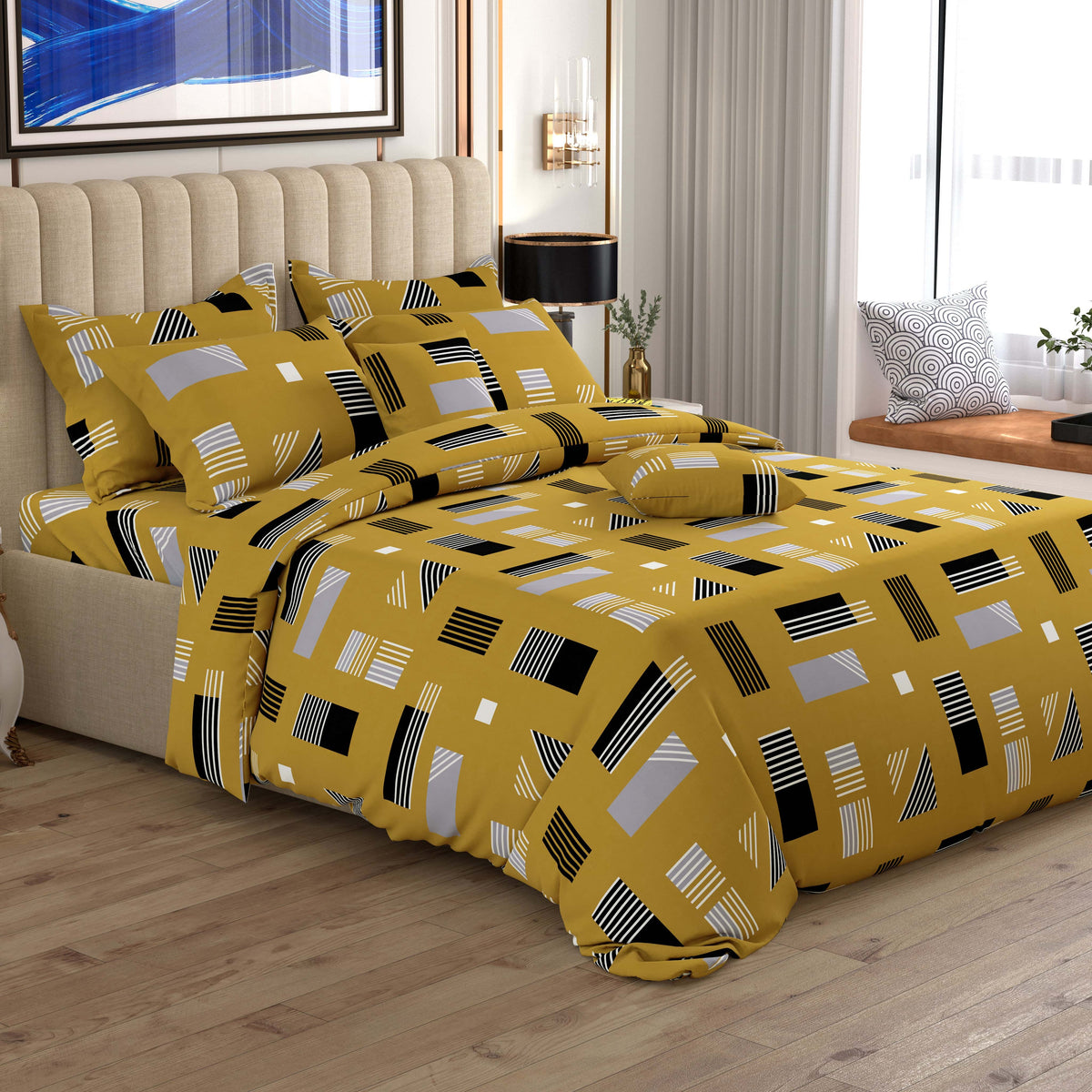 Mustard Yellow Geometric Patchwork Quilt Cover Set by Sateen - 7577