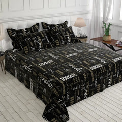 Black Sateen Bed Sheet Set with Written Design - 7583