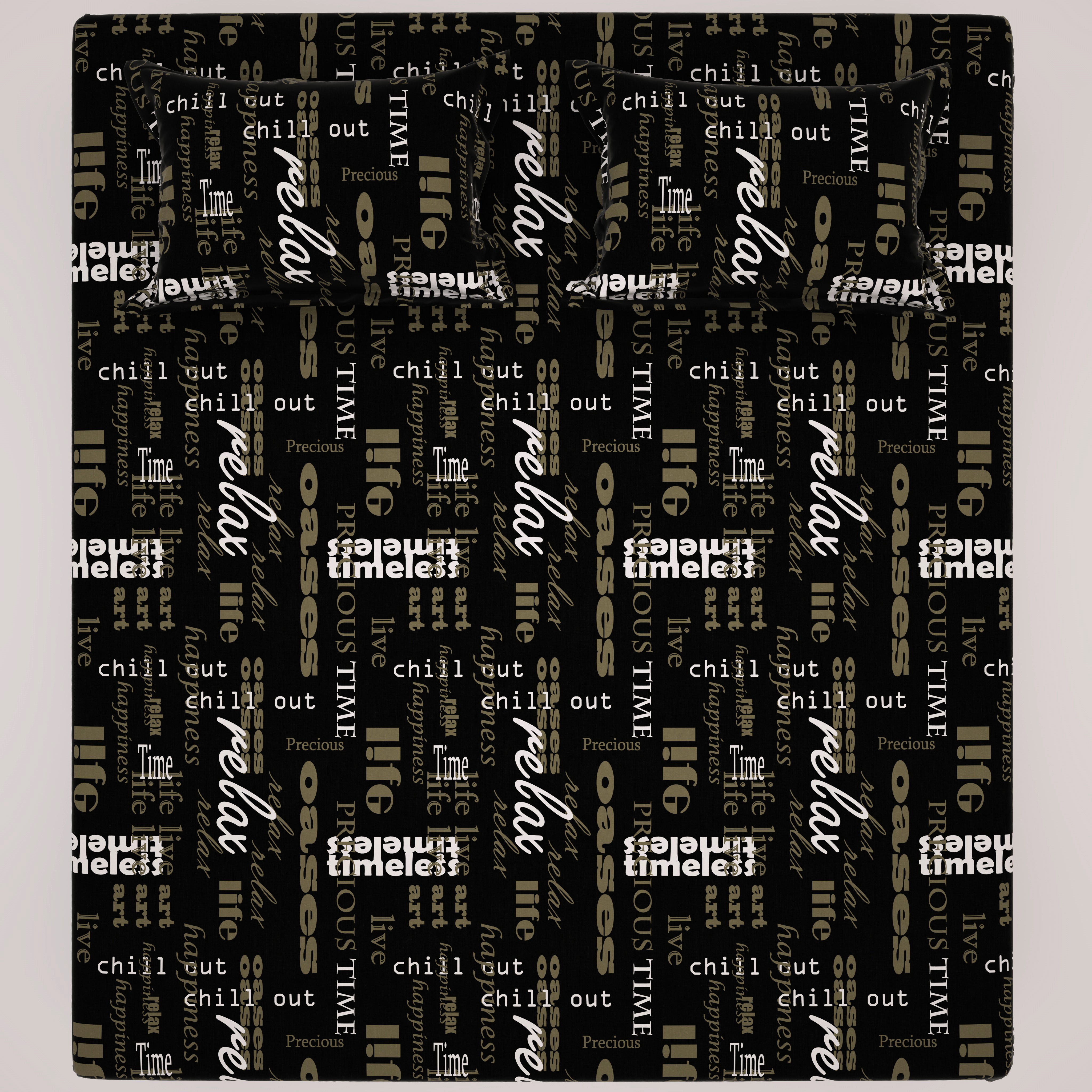 Black Sateen Bed Sheet Set with Written Design - 7583