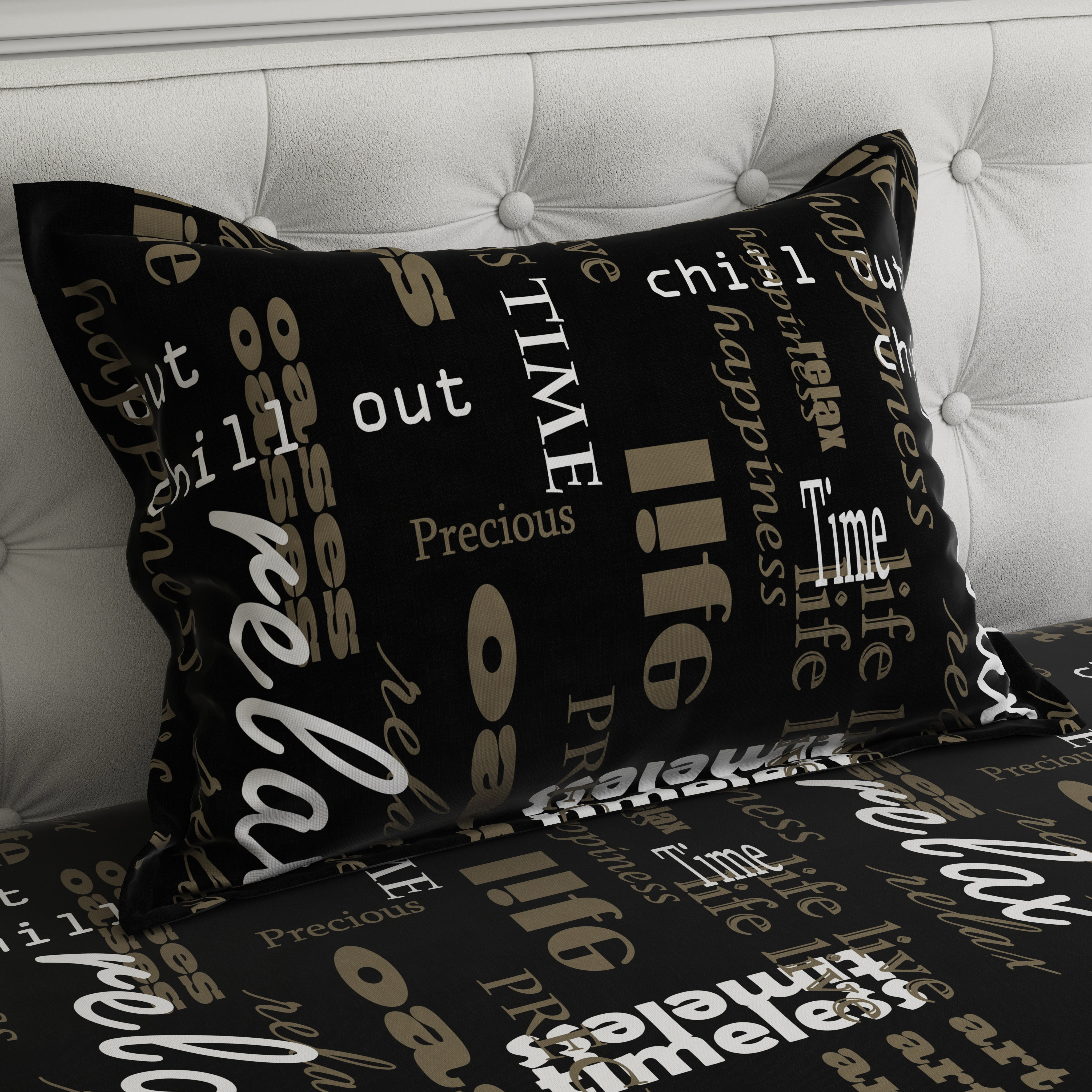 Black Sateen Bed Sheet Set with Written Design - 7583