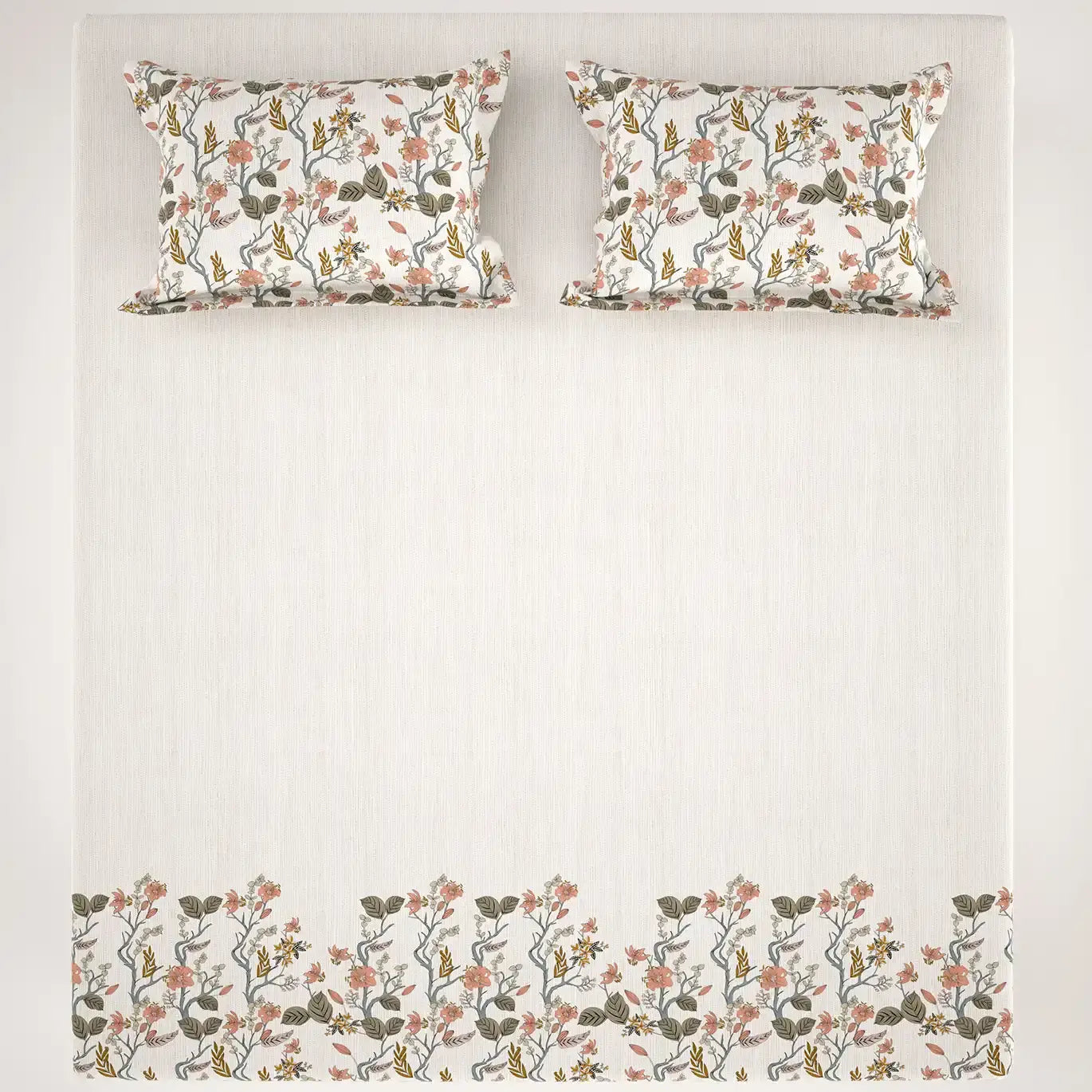 Off white Dot Floral Print Sateen Bed Sheet Set - 7588