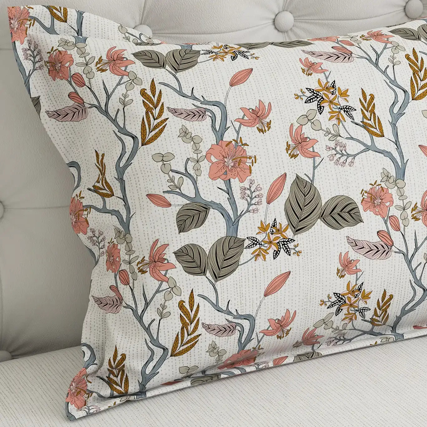 Off white Dot Floral Print Sateen Bed Sheet Set - 7588