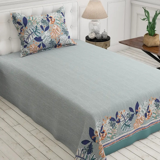 Bluish Grey Leaf Design Bed Sheet Set with Striped Border by Sateen - 7599