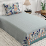 Bluish Grey Leaf Design Bed Sheet Set with Striped Border by Sateen - 7599