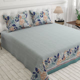 Bluish Grey Leaf Design Bed Sheet Set with Striped Border by Sateen - 7599