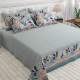 Bluish Grey Leaf Design Bed Sheet Set with Striped Border by Sateen - 7599