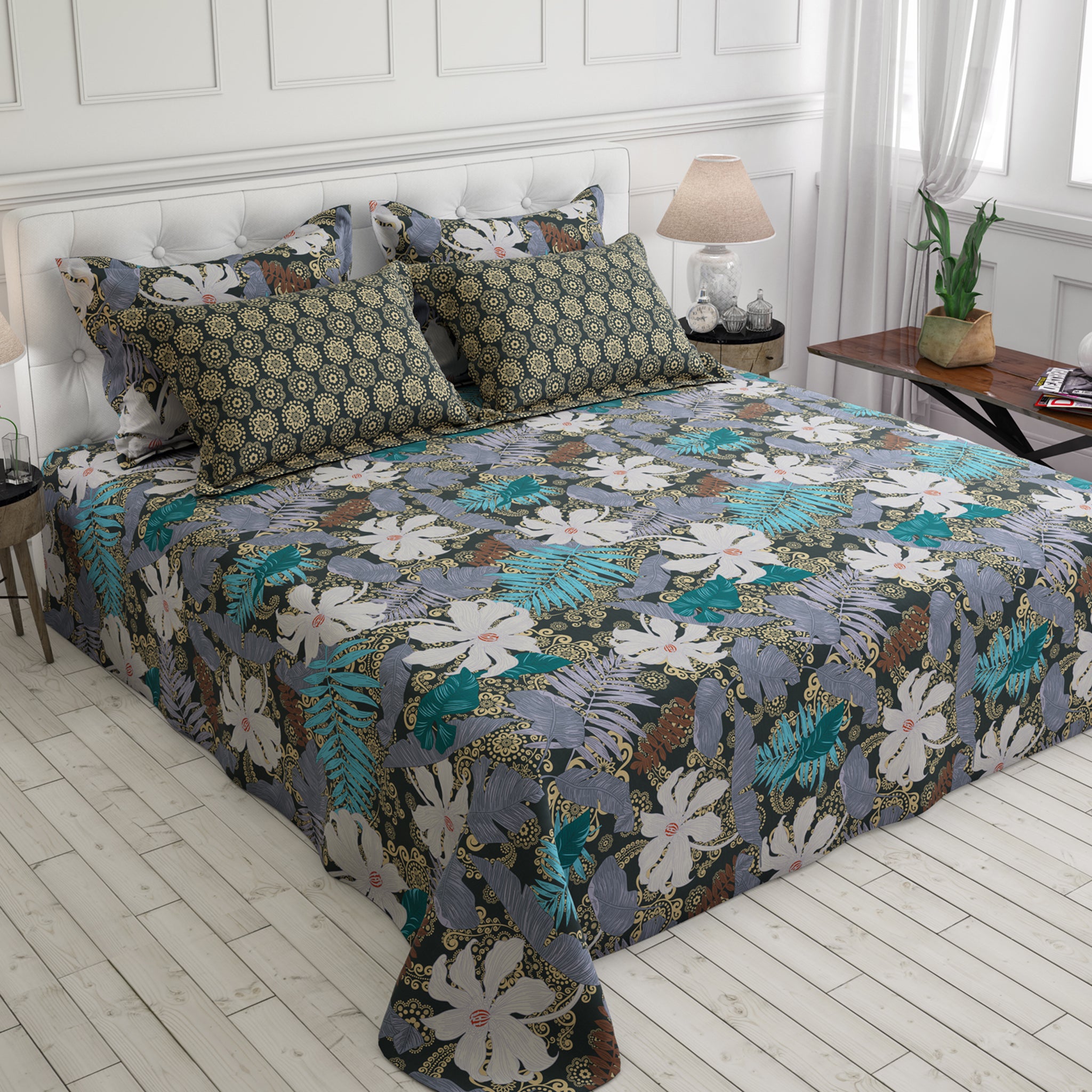 Xara White Floral Bed Sheet Set - 7607-7608