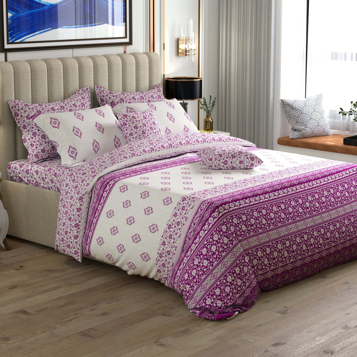 Xara Cream Geometric Diamond Floral Quilt Cover Set - 7614