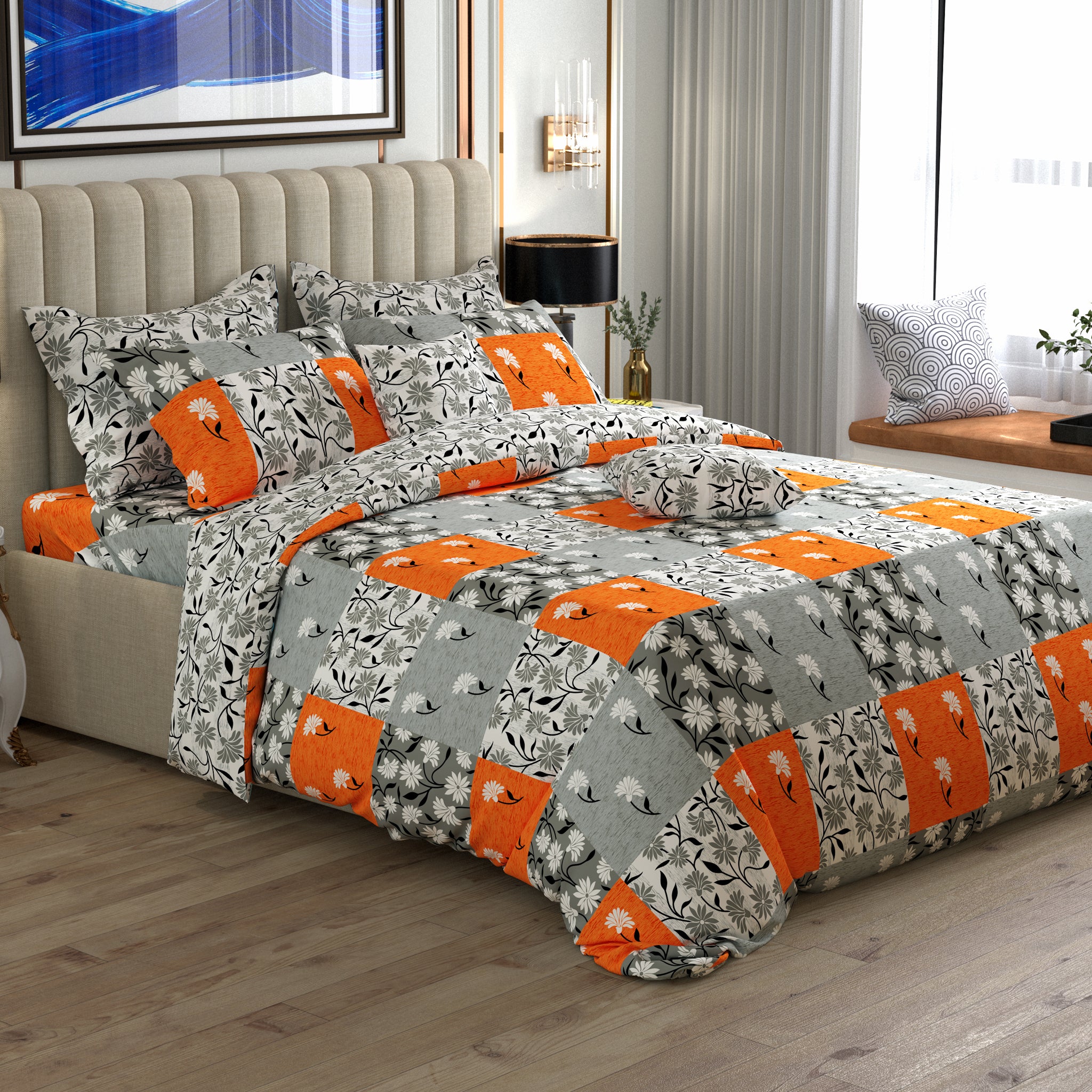 Xara Grey Patchwork Floral & Geometric Quilt Cover Set - 7627