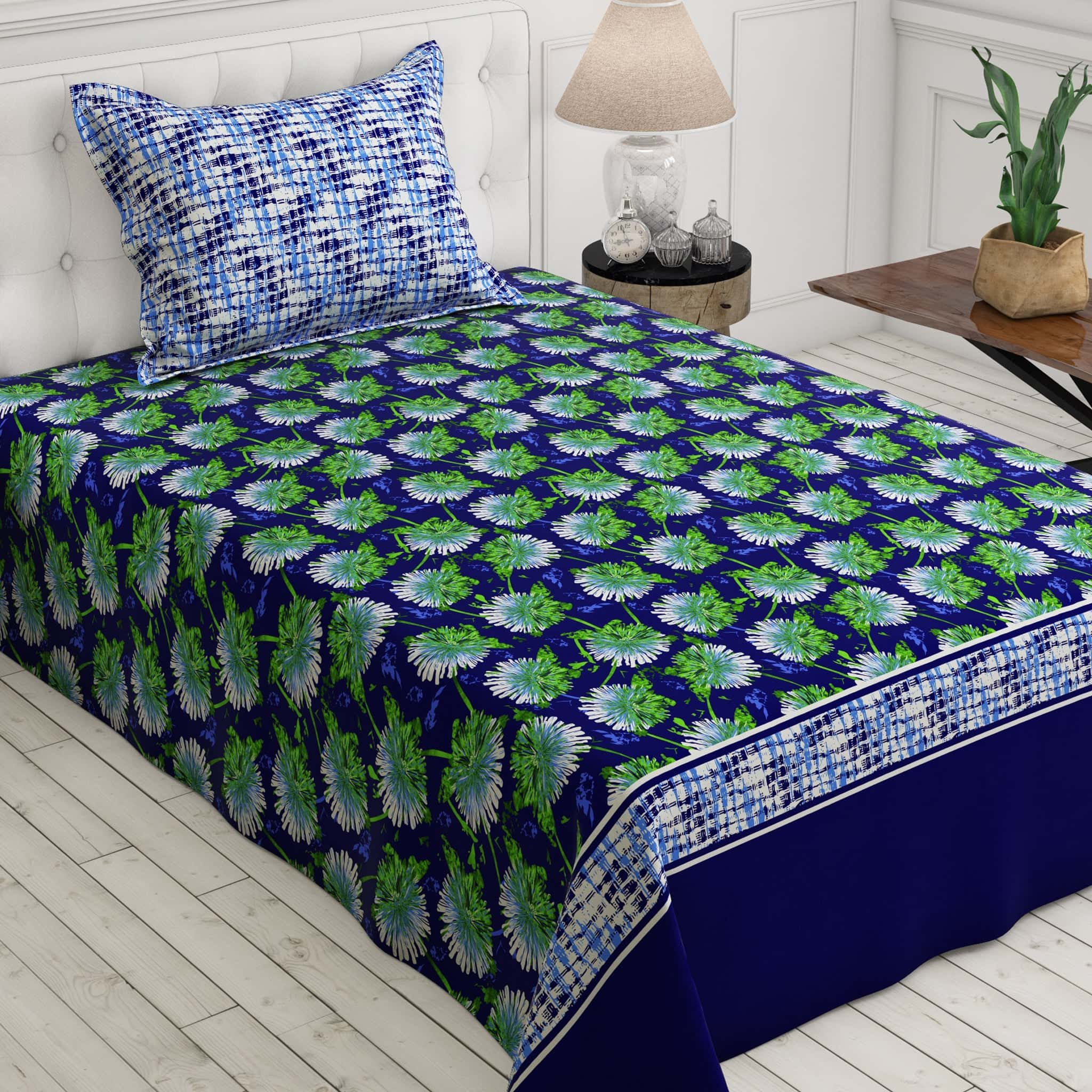 Xara Blue Floral Geometric Border Bed Sheet Set - 7643-7644