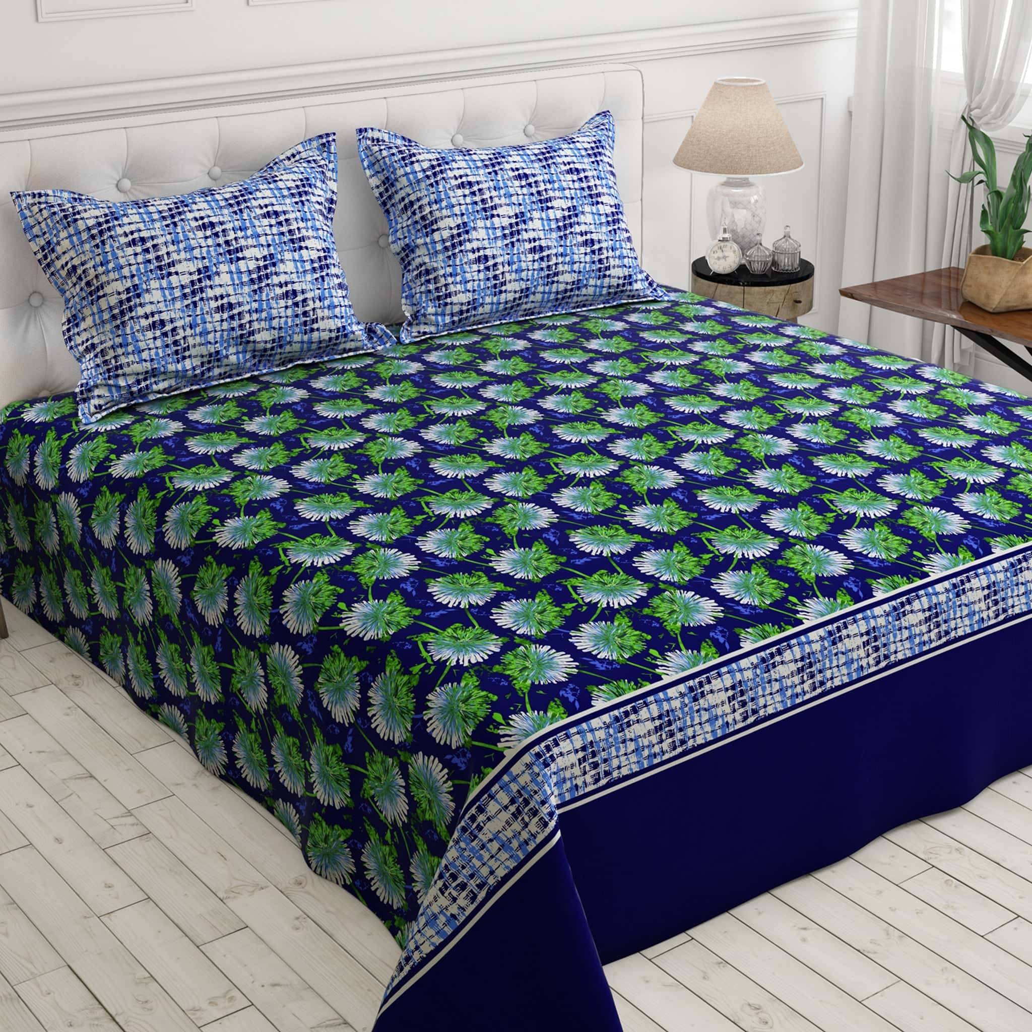 Xara Blue Floral Geometric Border Bed Sheet Set - 7643-7644