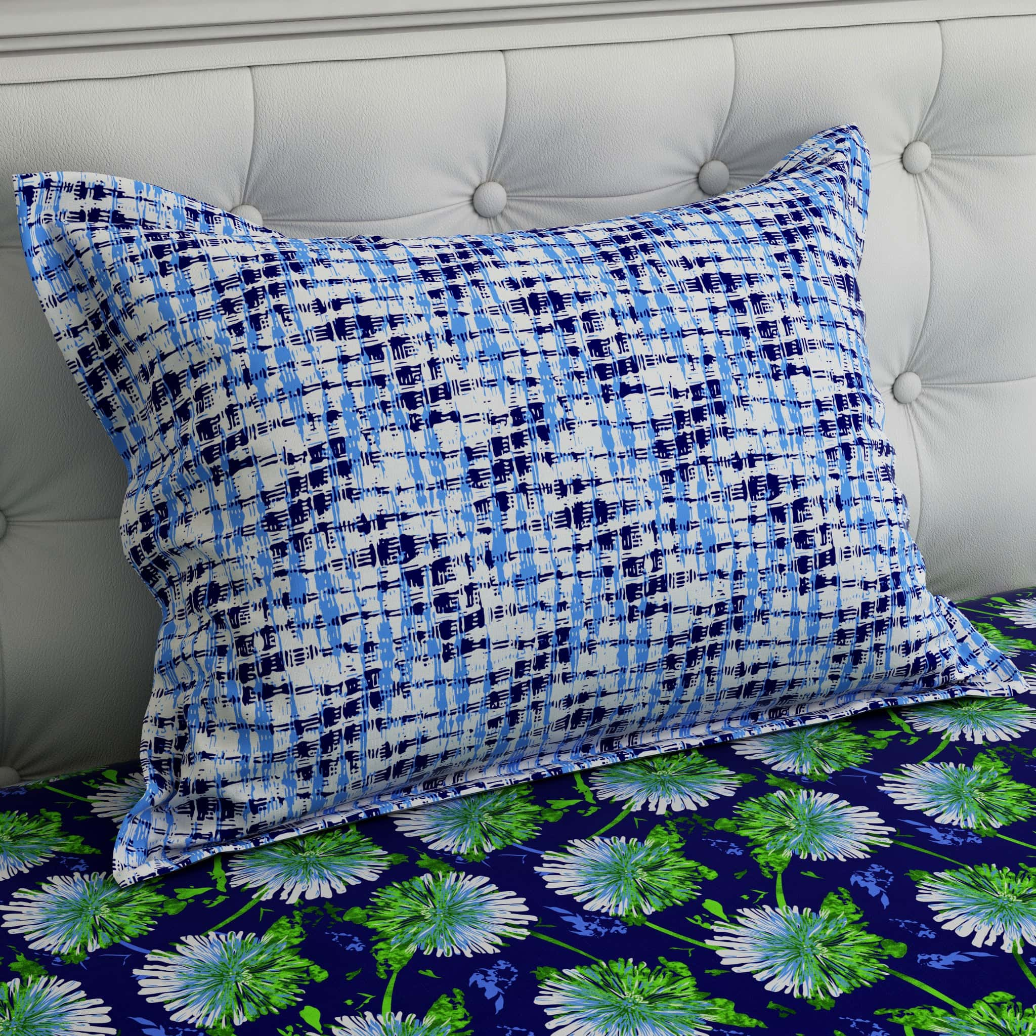 Xara Blue Floral Geometric Border Bed Sheet Set - 7643-7644