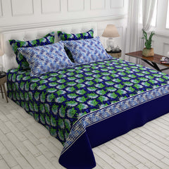 Xara Blue Floral Geometric Border Bed Sheet Set - 7643-7644