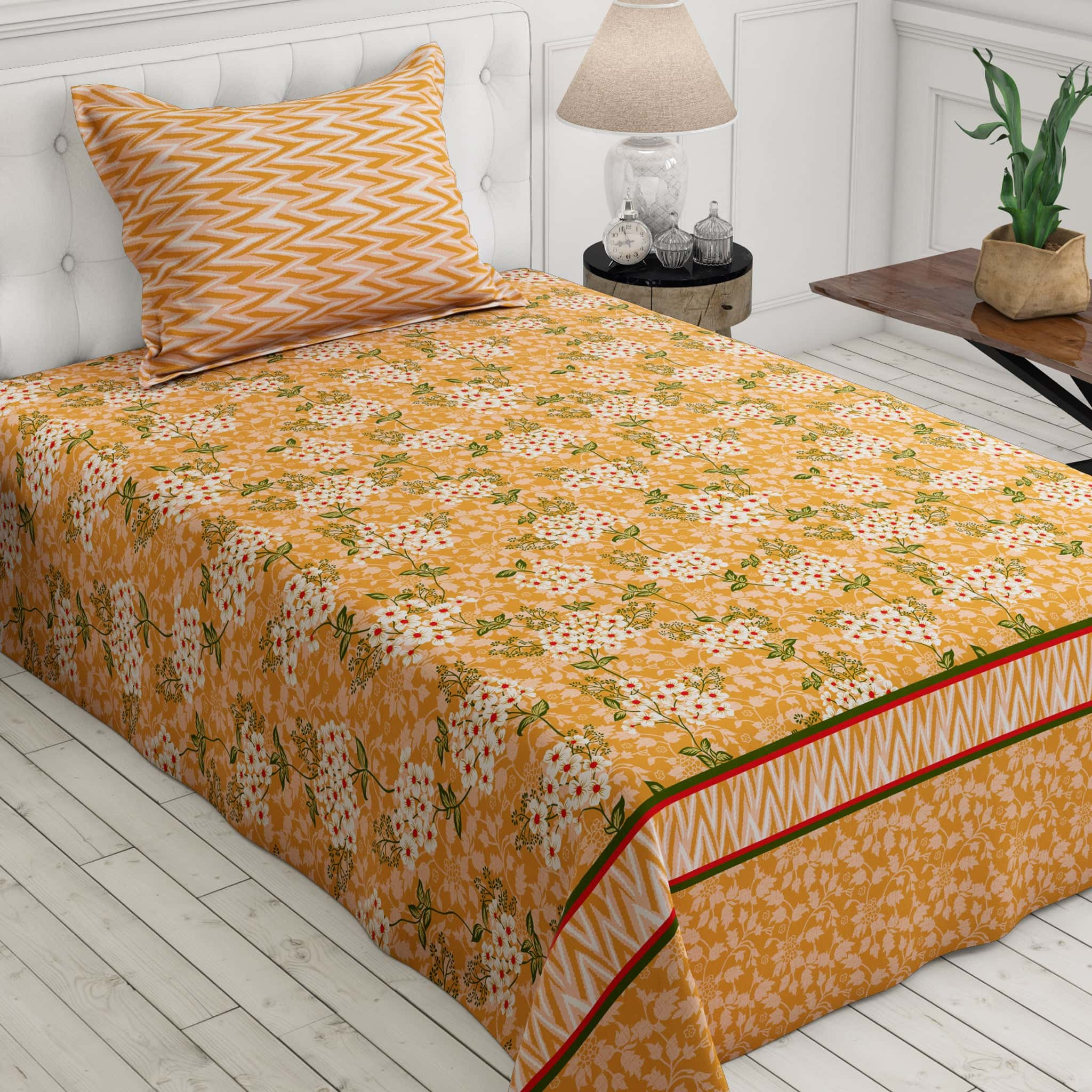 Xara Yellow Floral Striped Bed Sheet Set - 7647-7648