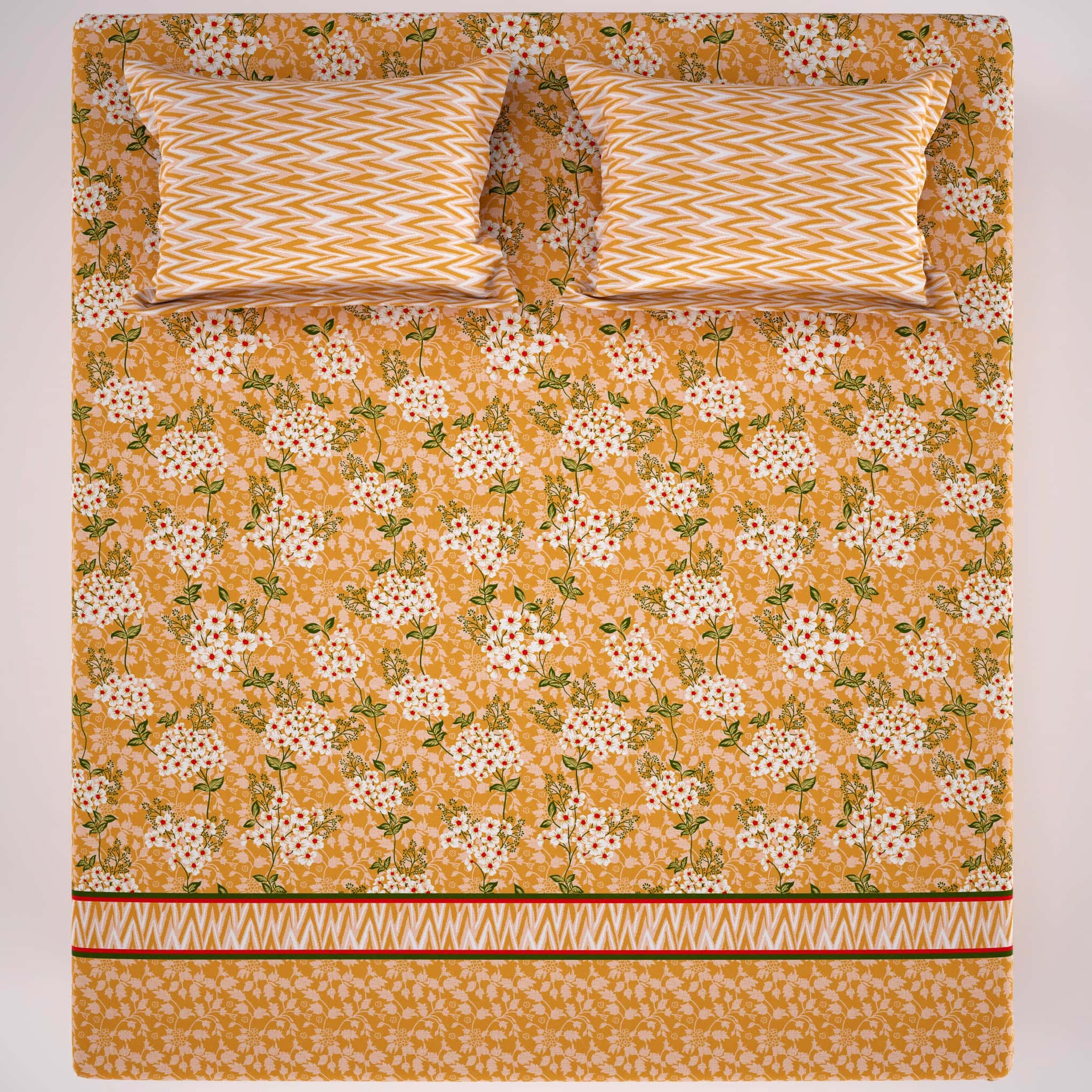 Xara Yellow Floral Striped Bed Sheet Set - 7647-7648