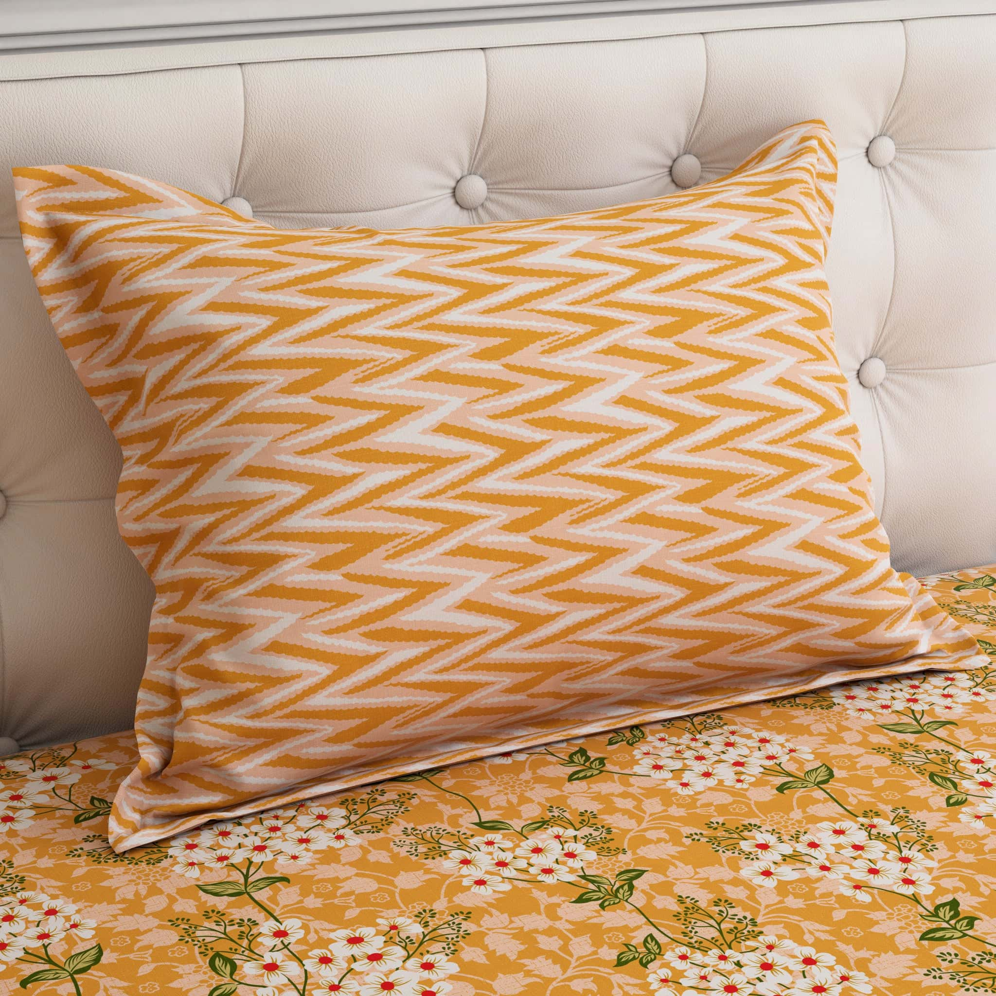 Xara Yellow Floral Striped Bed Sheet Set - 7647-7648