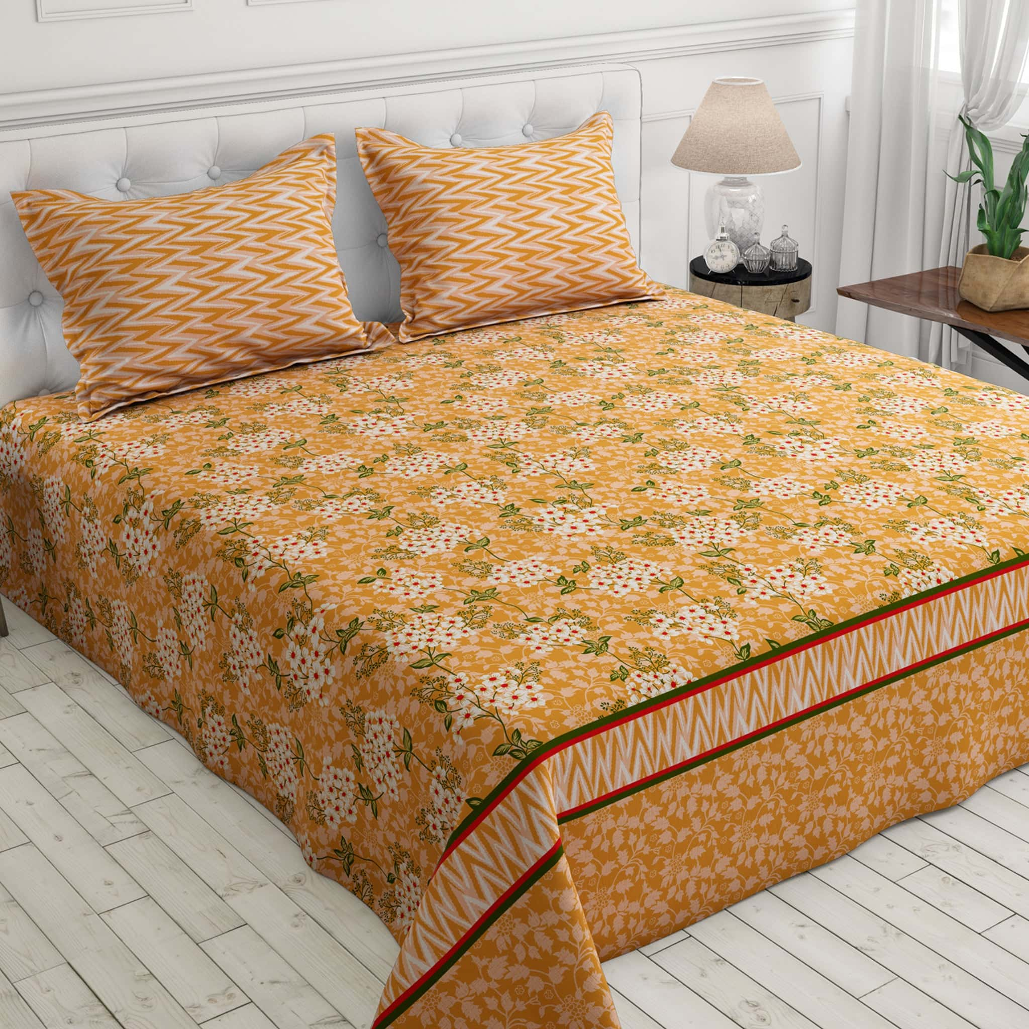 Xara Yellow Floral Striped Bed Sheet Set - 7647-7648