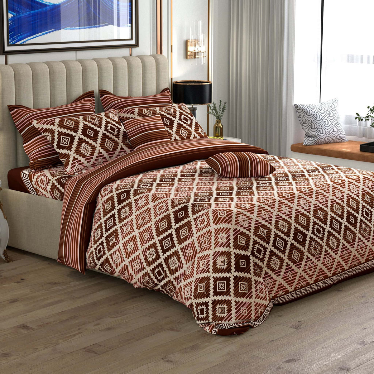 Xara Brown Geometric Diamond Stripes Quilt Cover Set Main image