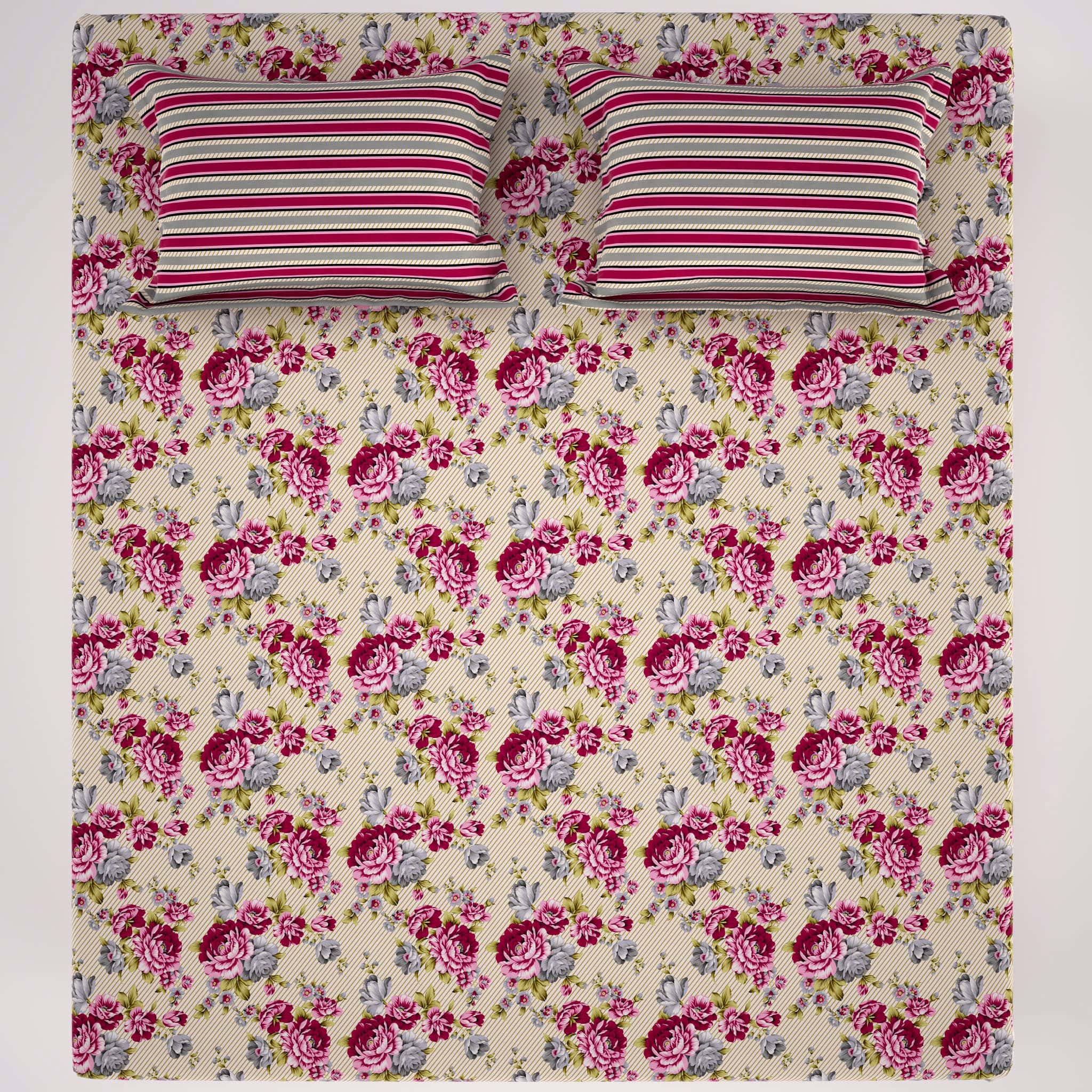 Xara Fawn Pink Floral Stripe Bed Sheet Set - 7677-7678