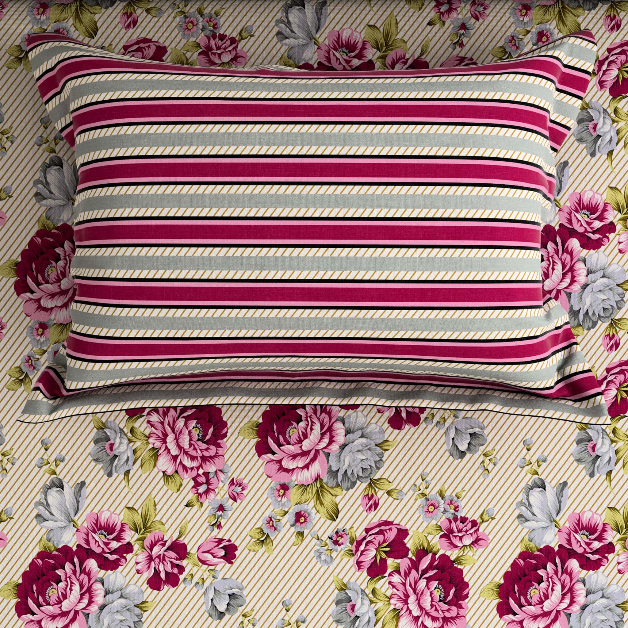 Xara Fawn Pink Floral Stripe Bed Sheet Set - 7677-7678
