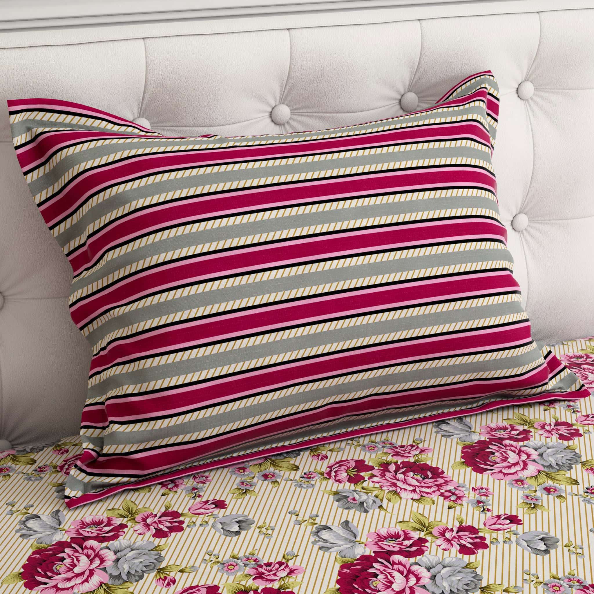 Xara Fawn Pink Floral Stripe Bed Sheet Set - 7677-7678
