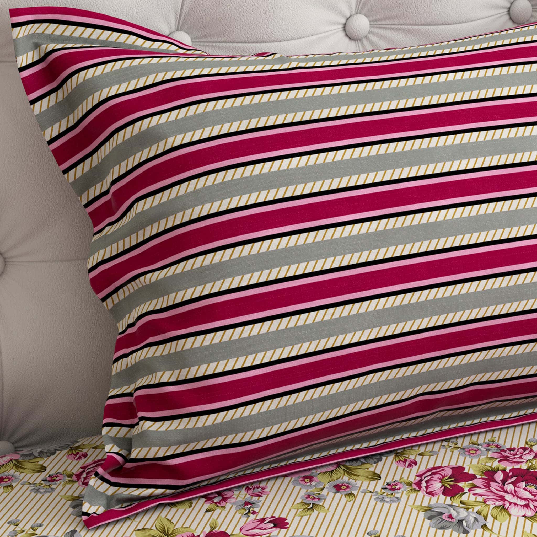 Xara Fawn Pink Floral Stripe Bed Sheet Set - 7677-7678
