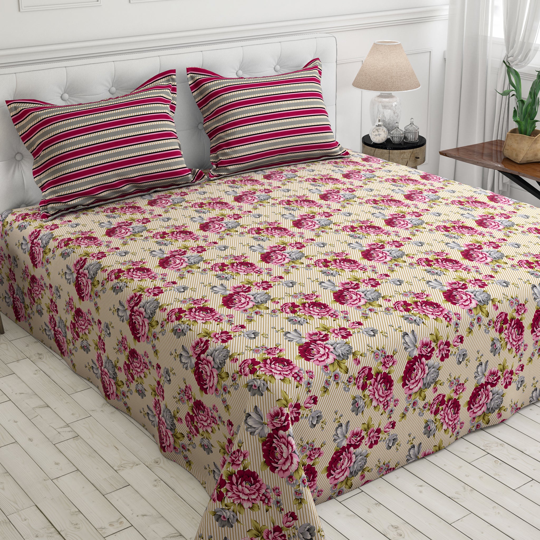 Xara Fawn Pink Floral Stripe Bed Sheet Set - 7677-7678