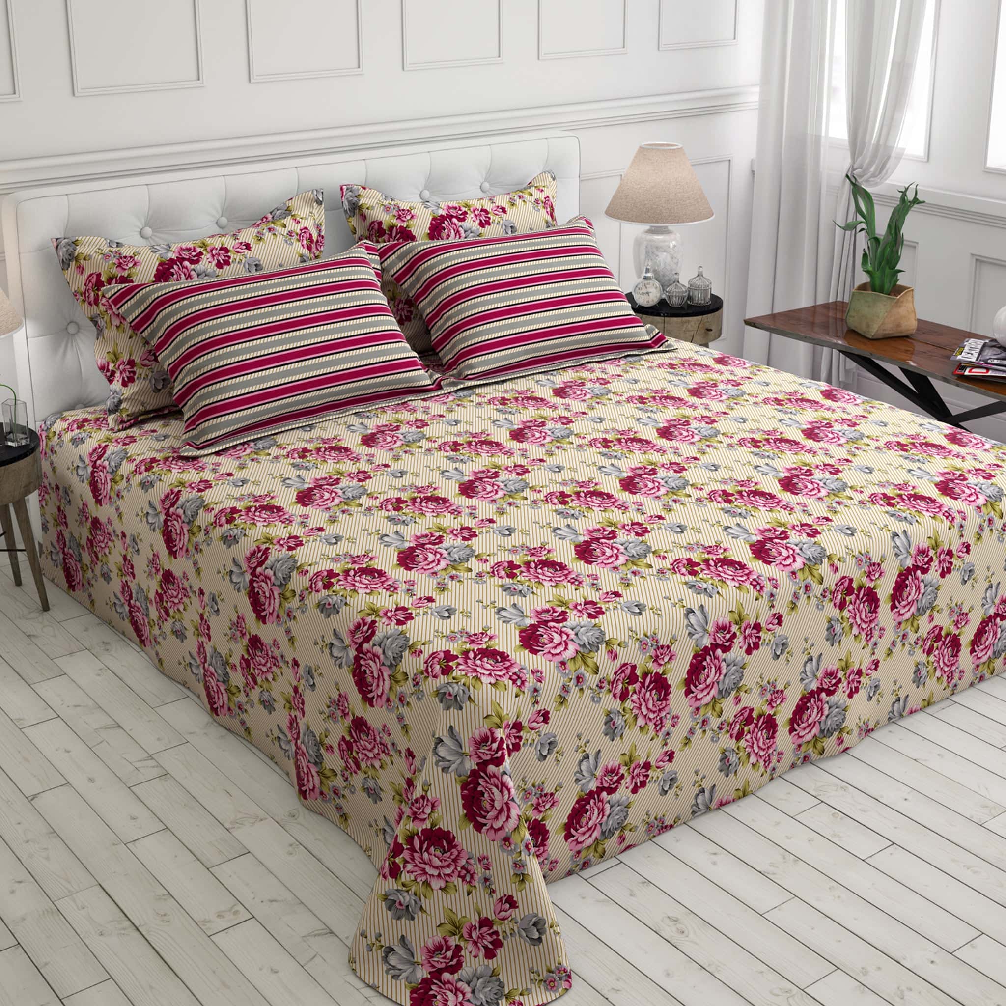 Xara Fawn Pink Floral Stripe Bed Sheet Set - 7677-7678