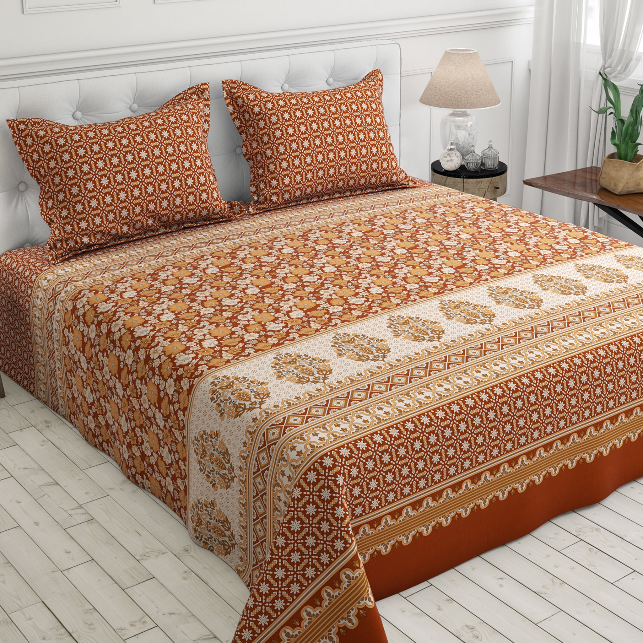 Xara Orange Floral and Geometric Stripe Bed Sheet Set - 7688-7689