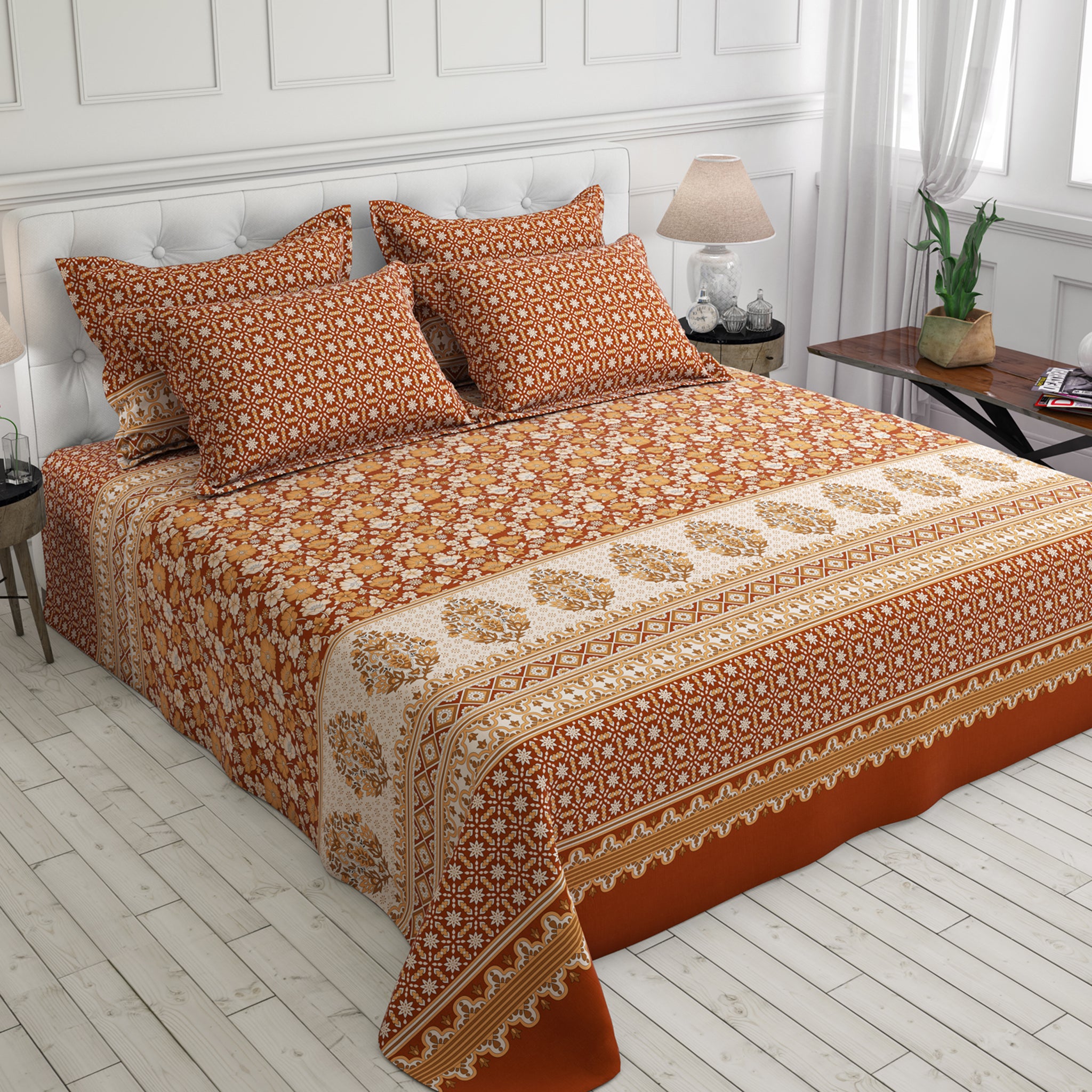 Xara Orange Floral and Geometric Stripe Bed Sheet Set - 7688-7689