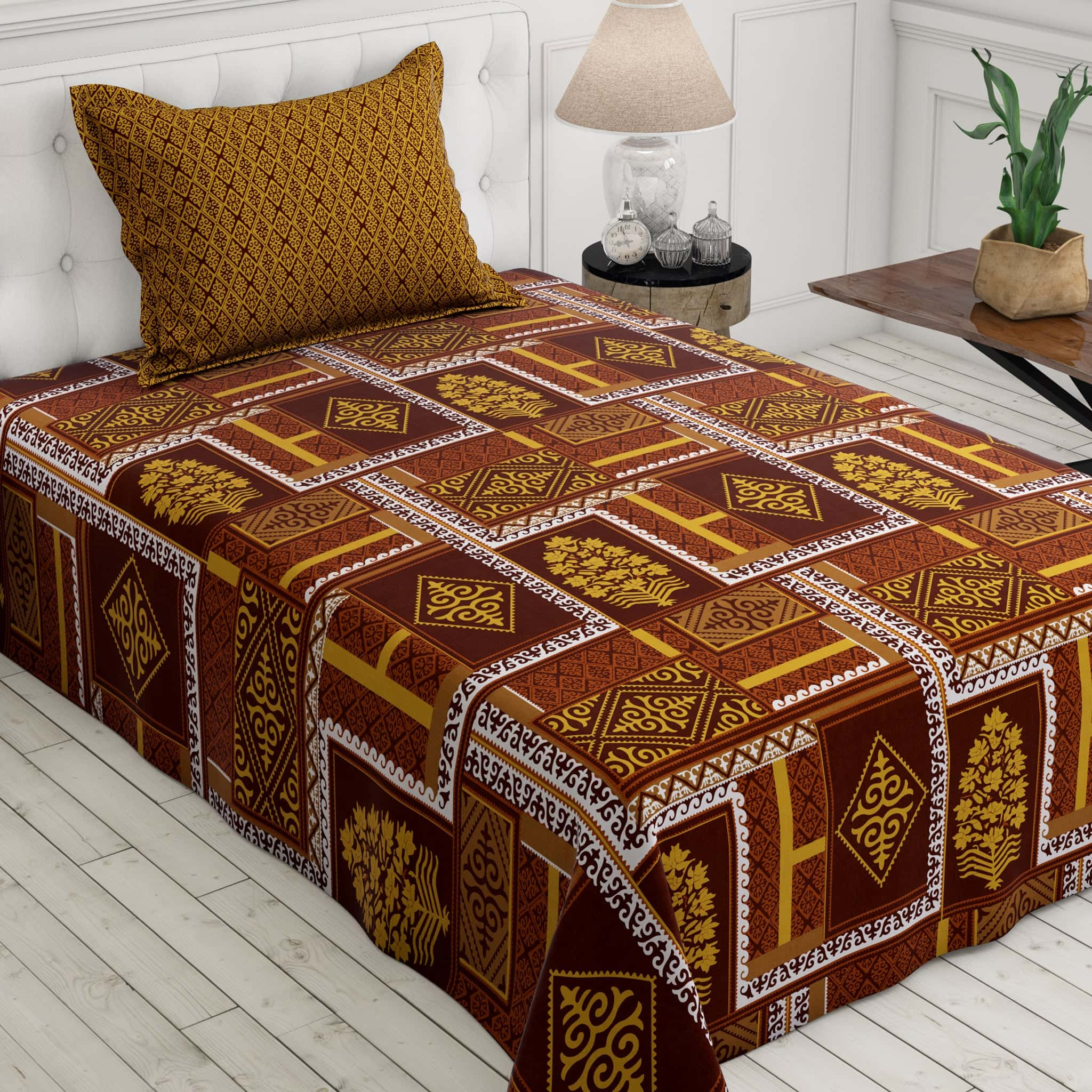 Xara Brown Geometric Floral Bed Sheet Set - 7695-7696