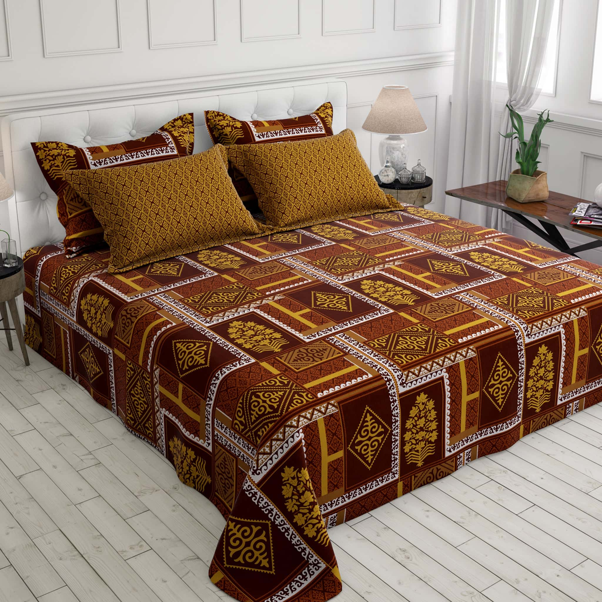 Xara Brown Geometric Floral Bed Sheet Set - 7695-7696