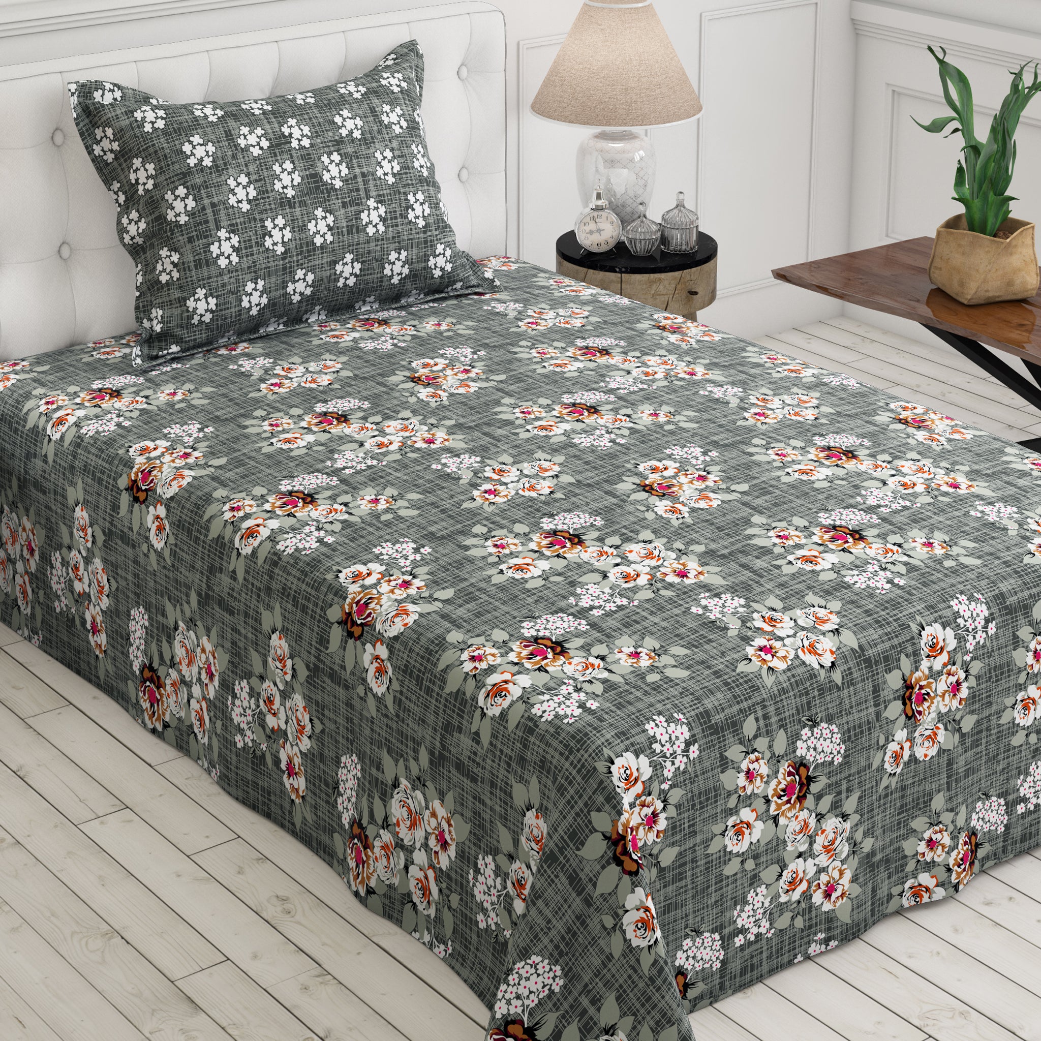 Xara Dark Grey Floral Bed Sheet Set - 7715-7716