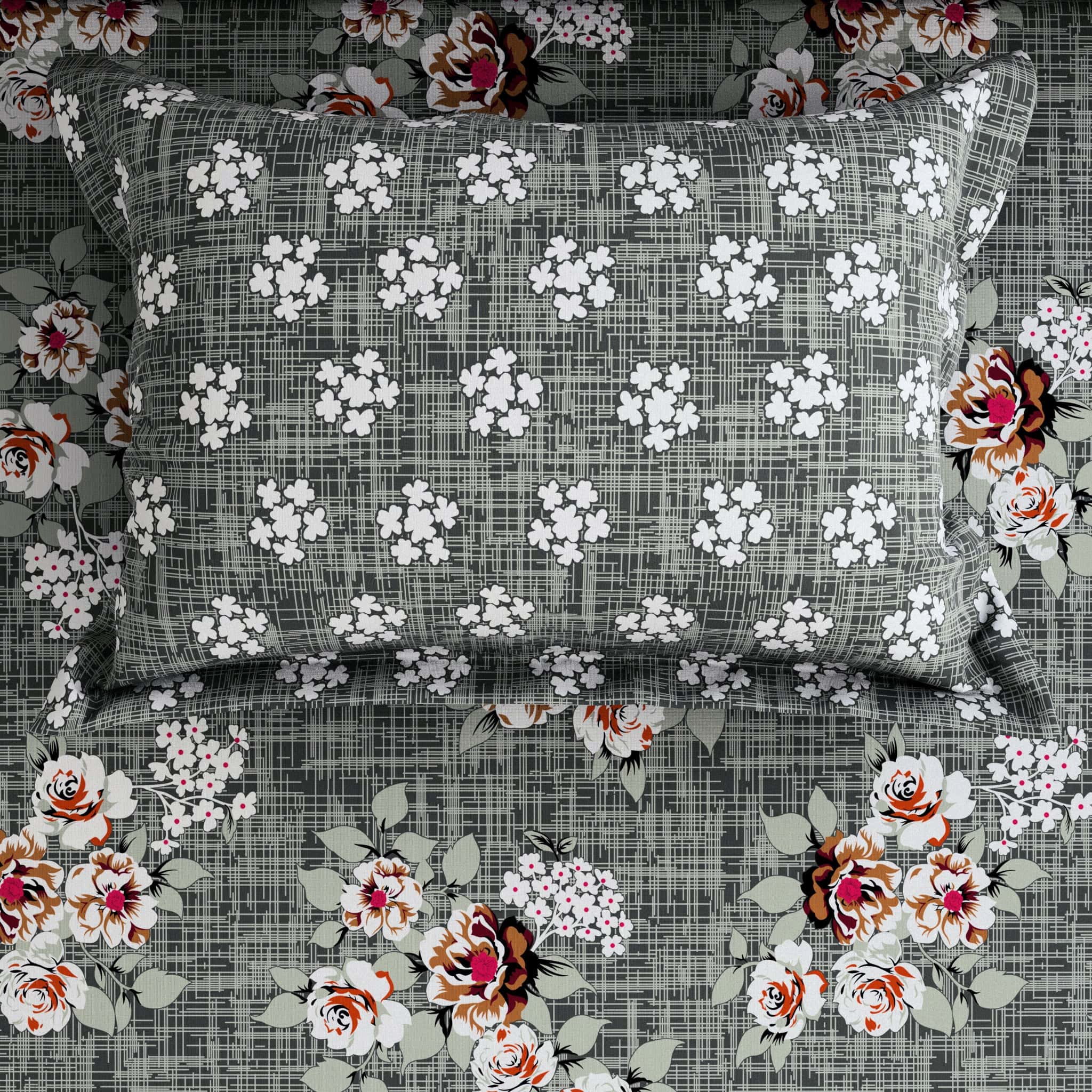 Xara Dark Grey Floral Bed Sheet Set - 7715-7716