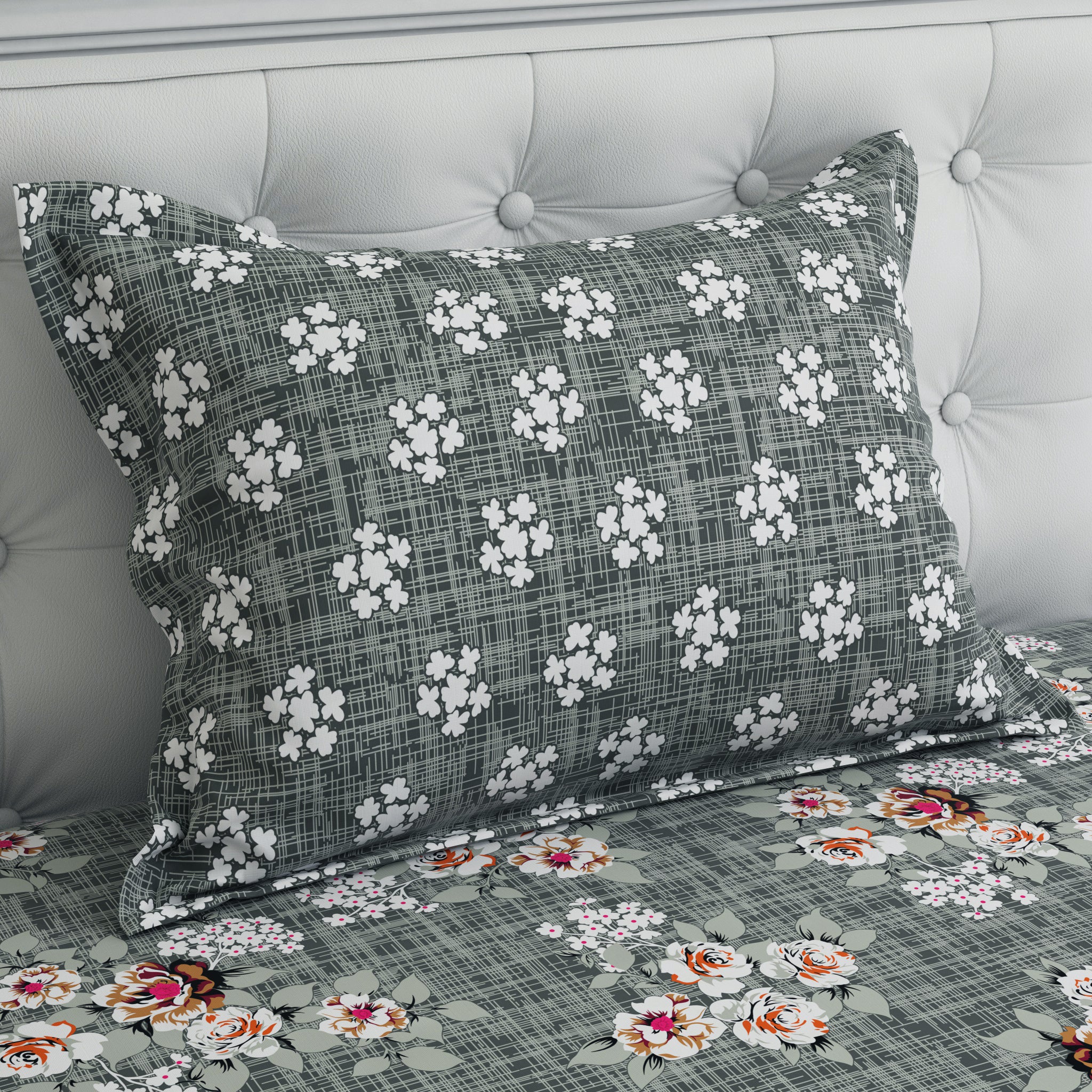 Xara Dark Grey Floral Bed Sheet Set - 7715-7716